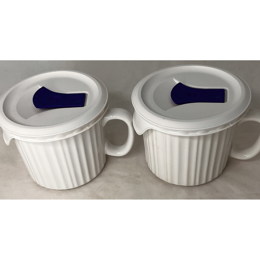 Corning Ware French White 20oz Soup Mug Set w Lids Vented Stoneware Pair EUC - Picture 2 of 5